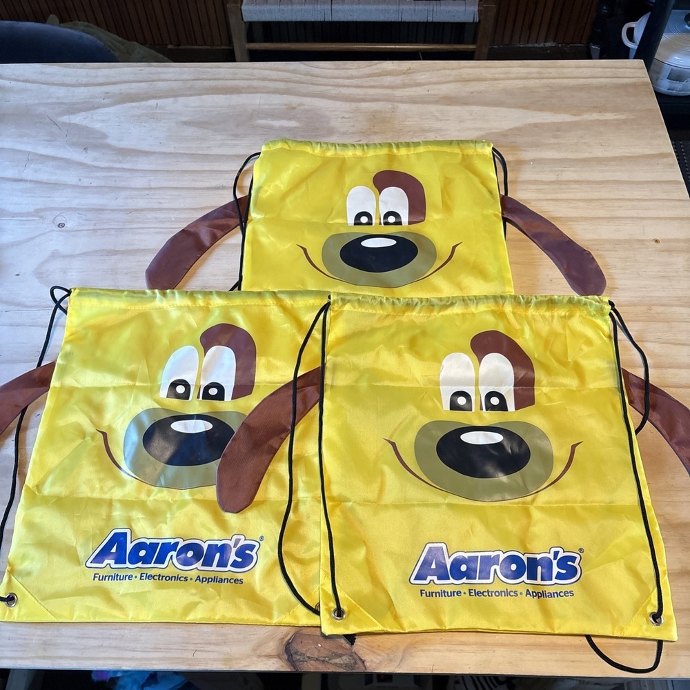 Aaron's Furniture VTG Puppy Dog Drawstring Bags Yellow With Ears Funny Lot Of 3